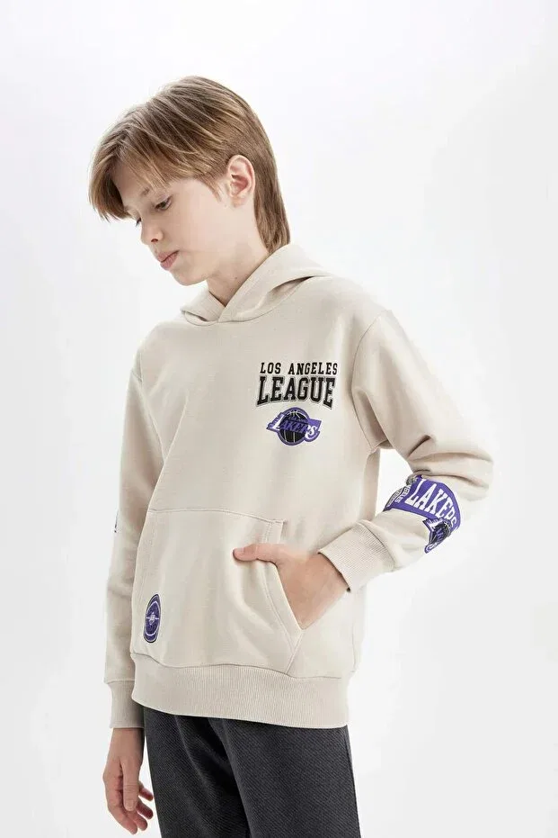 Детское худи для мальчиков с принтом NBA Los Angeles Clippers Hooded Back Printed Defacto, Ecru — фото 4