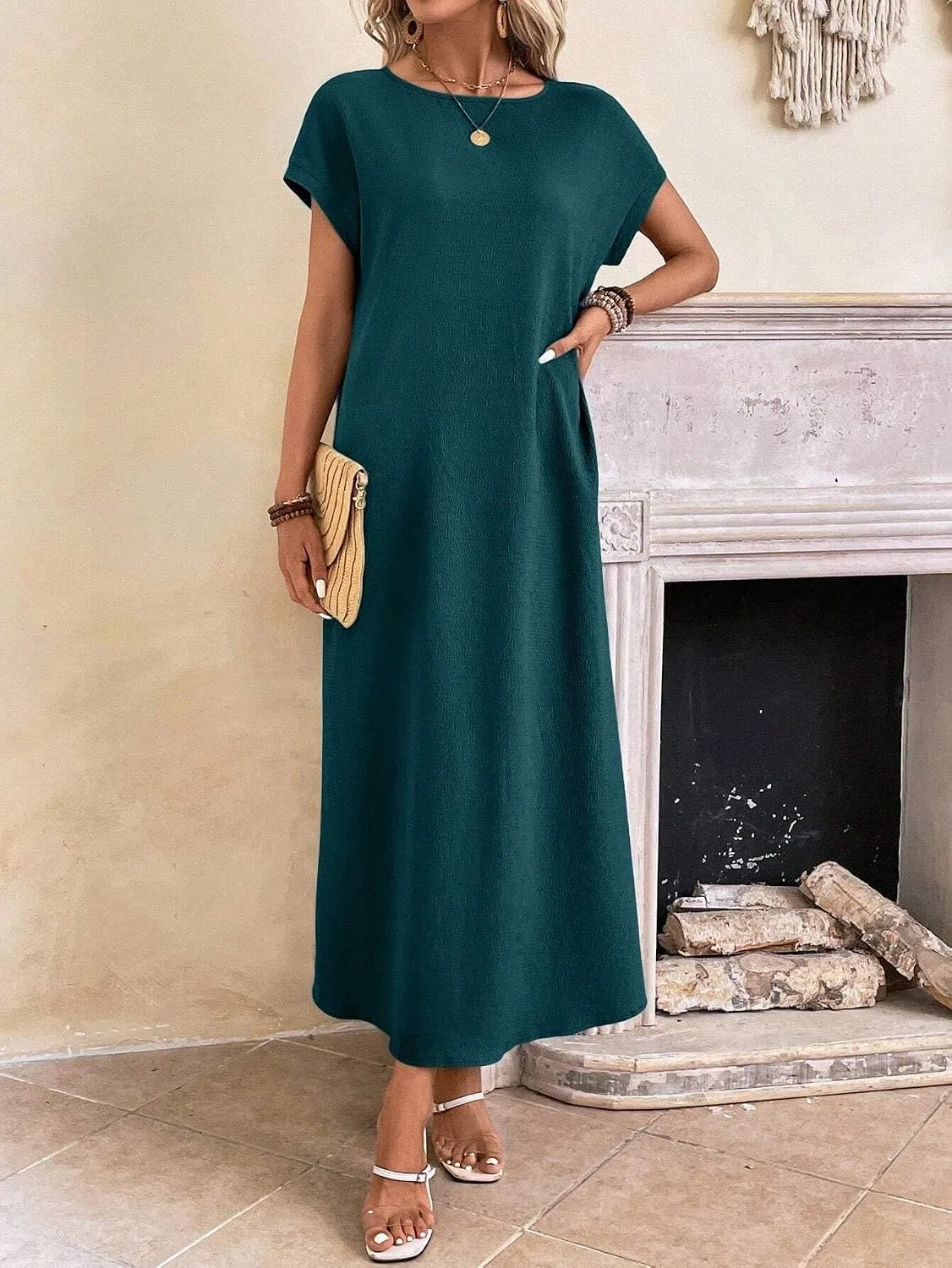 Женское повседневное платье-туника с карманами Batwing Sleeve, Dark Green — фото 2