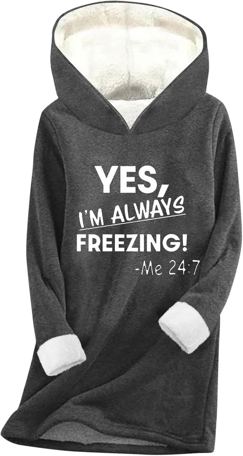 Женский свитшот с капюшоном на флисе с принтом Yes I'm Always Freezing Me 24:7, тёмно-серый