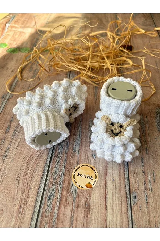 Детские пинетки для новорожденных с рисунком Hand Knitted White Lamb Figured Baby Panduf Booties Seraskids, White