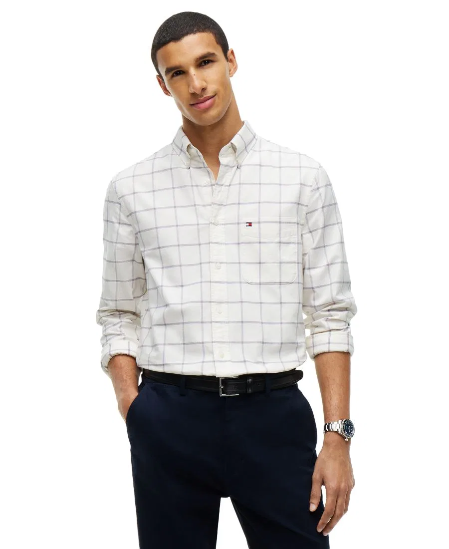 Мужская рубашка с принтом в клетку, модель Heritage Regular-Fit Oxford Windowpane Tommy Hilfiger, цвета Ivory Silk/Check
