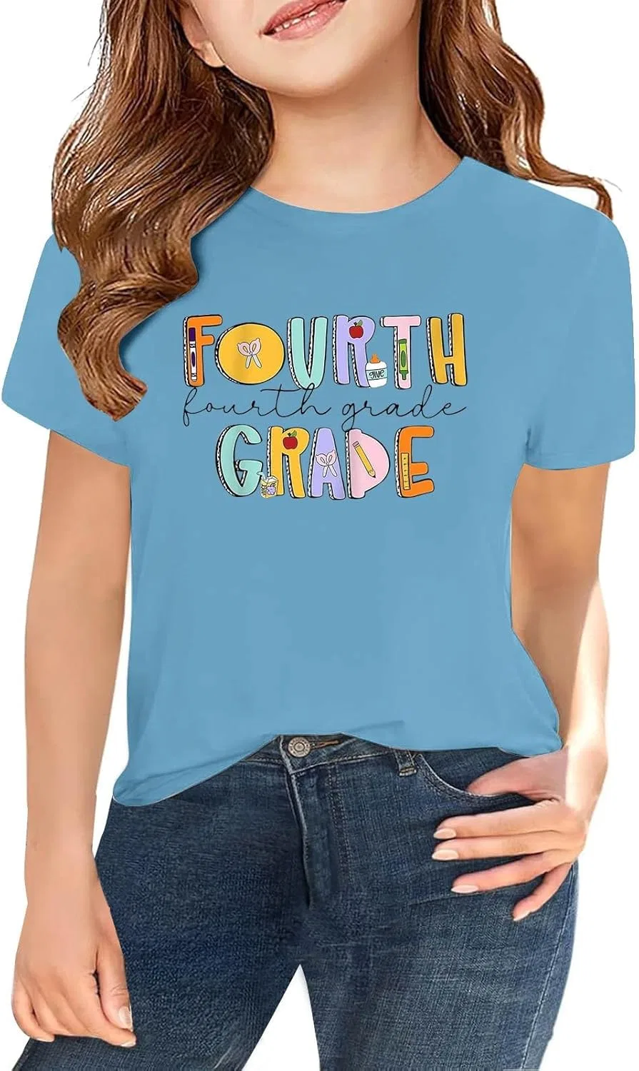 Футболка для мальчиков и девочек с надписью 'First Day of Fourth Grade', Light Blue