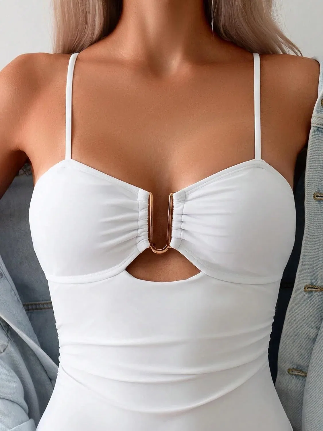 Женский монокини с вырезами и V-образным декольте, Spaghetti Strap, White — фото 3
