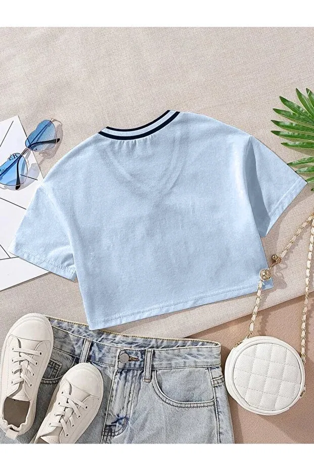 Детская футболка для девочек с принтом Crop Brooklyn V-Neck Printed T-Shirt Lepold, Lightblue — фото 2
