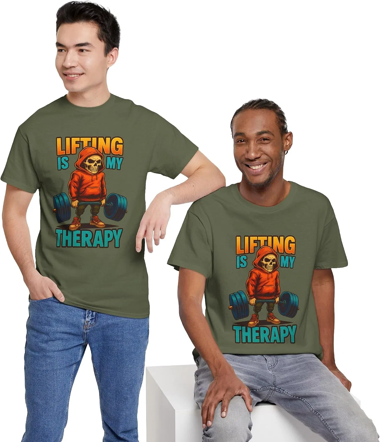 Мужская футболка с принтом Lifting Is My Therapy, Military Green — фото 2