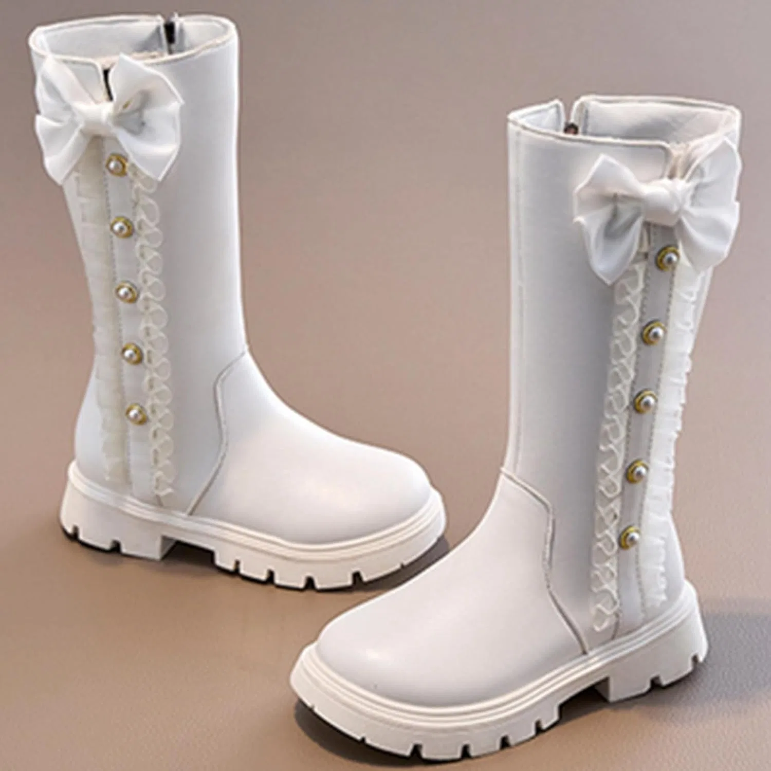 Детские ботинки для девочек с принтом, зимние, из полиуретана, модель Mid Calf Combat Boots, White — фото 4