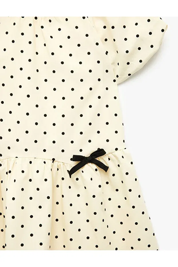 Детское платье для девочек хлопковое Cotton Bow Detail Short Sleeve Polka Dot Dress Koton, Ecru Patterned — фото 3