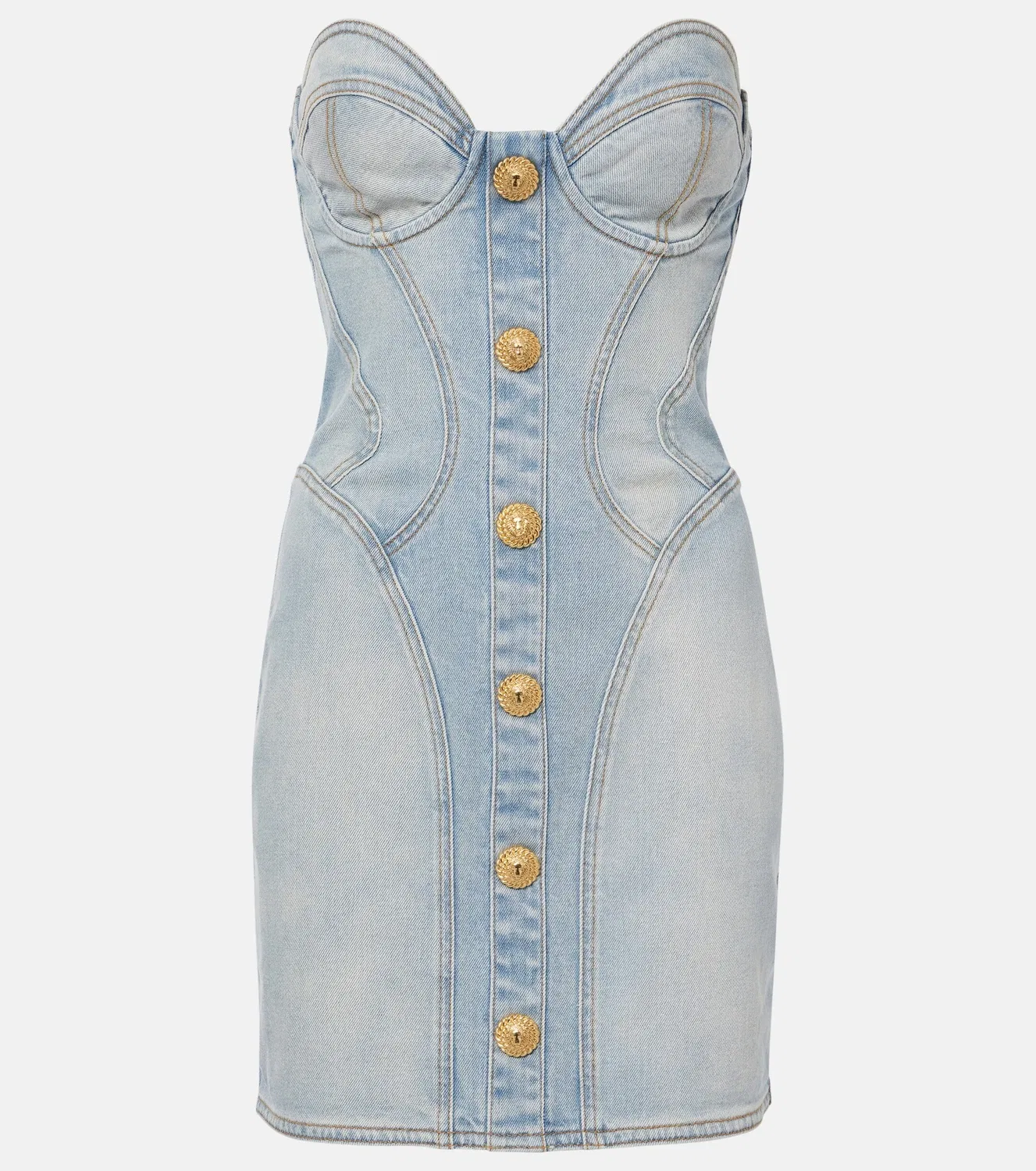 Платье-бюстье из денима Balmain, синий