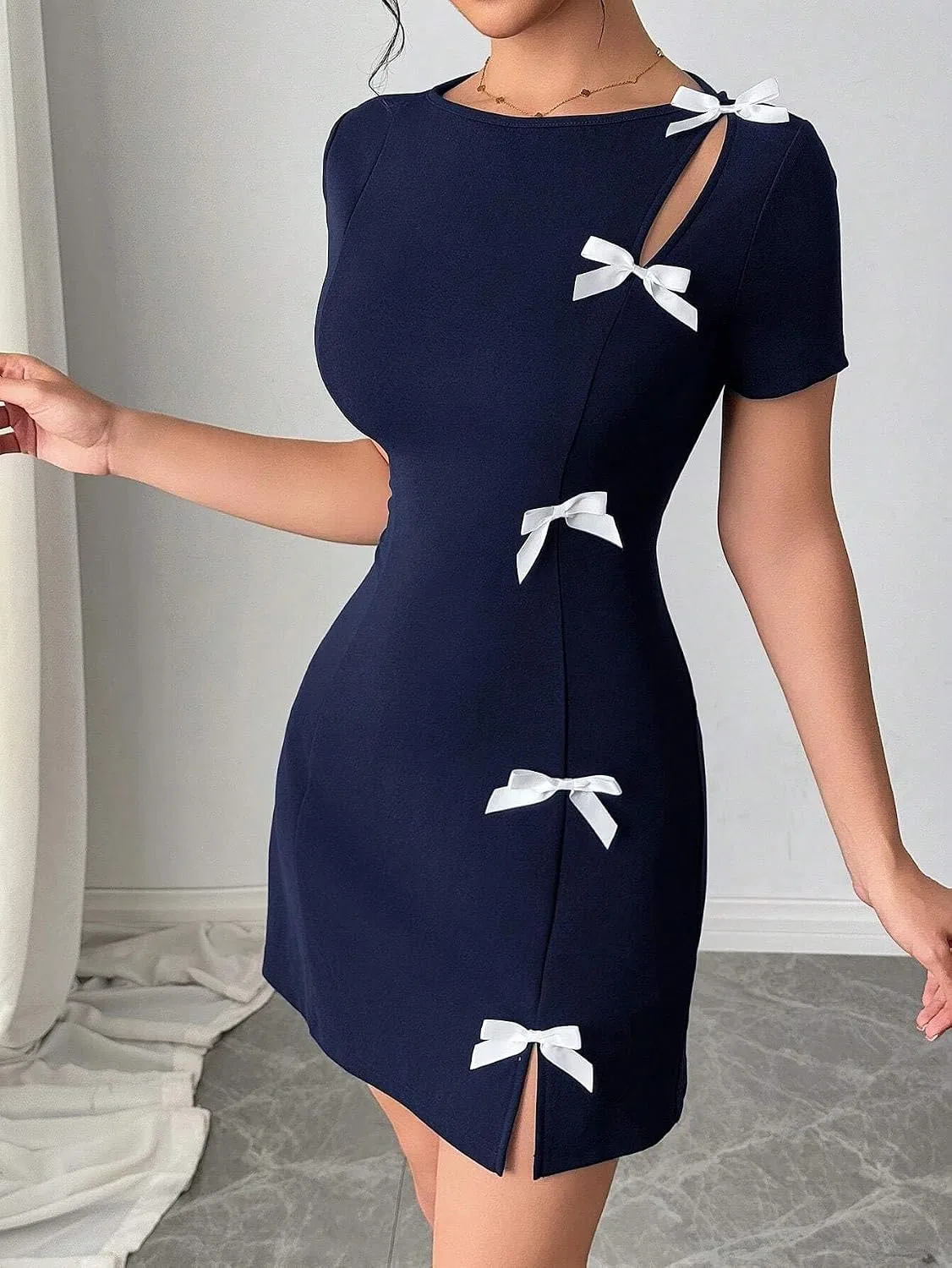 Женское облегающее мини-платье с бантом Bodycon, Navy Blue — фото 3