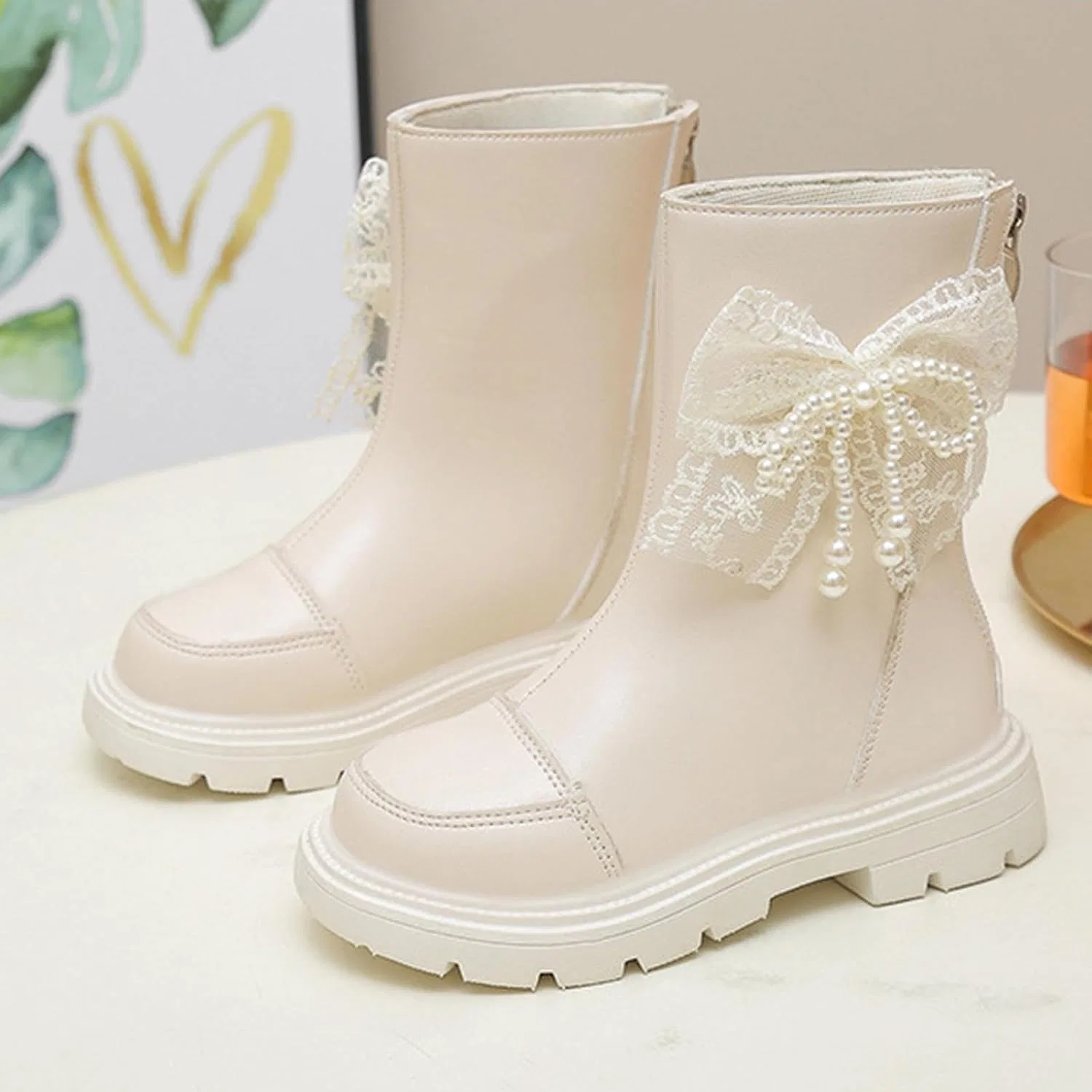 Детские сапоги для девочек с бантом и жемчугом Mid Calf Riding Boots Zzalalana, White — фото 3