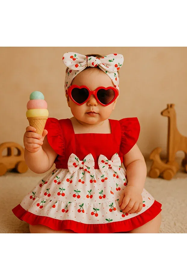 Детский комбинезон для девочек с цветочным принтом Cherry Patterned Bow Cherry Salopet Dress Bandana Set Mini Kids Baby, Red