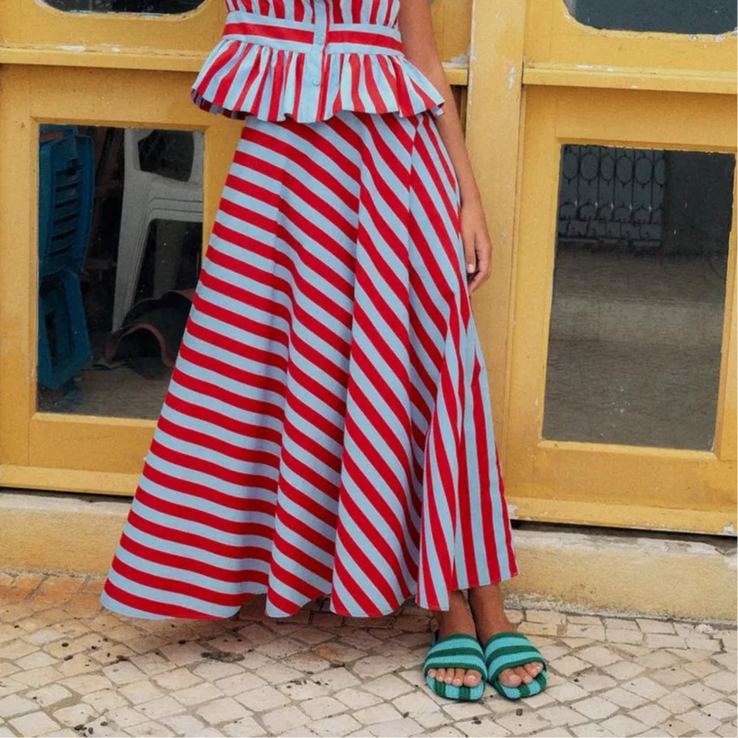 Женская юбка-трапеция с принтом в полоску A-line ZARA, Red Stripes — фото 4