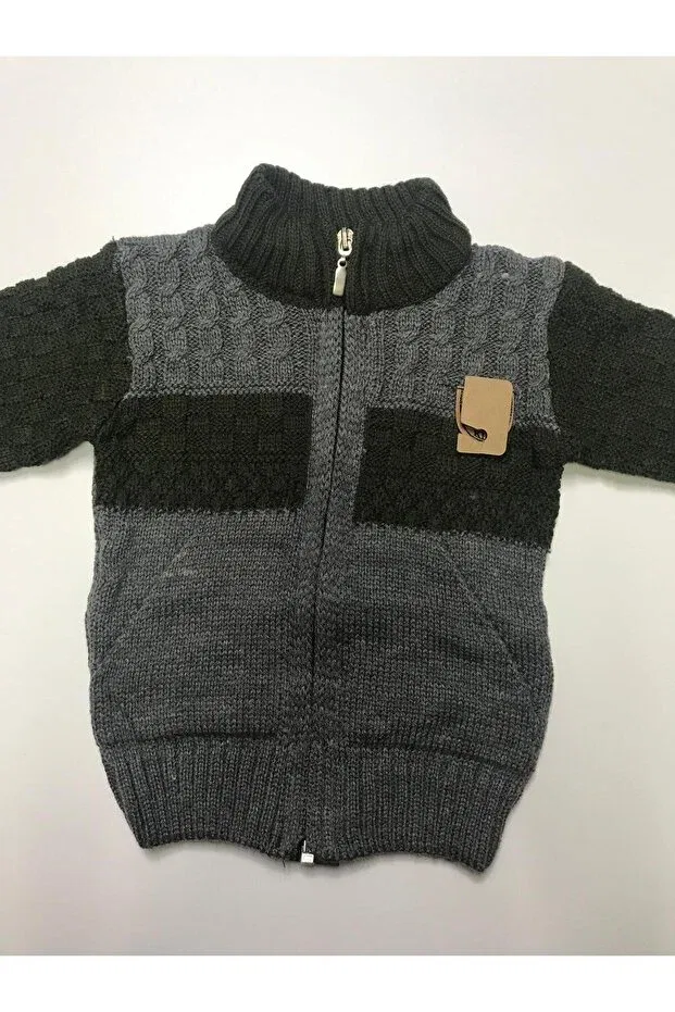 Детские свитшот-кардиган с принтом Winter Knitwear Argyle Patterned Judge Collar Zipper Pocket Baby Slon Kids Clup, Gray-Khaki — фото 2