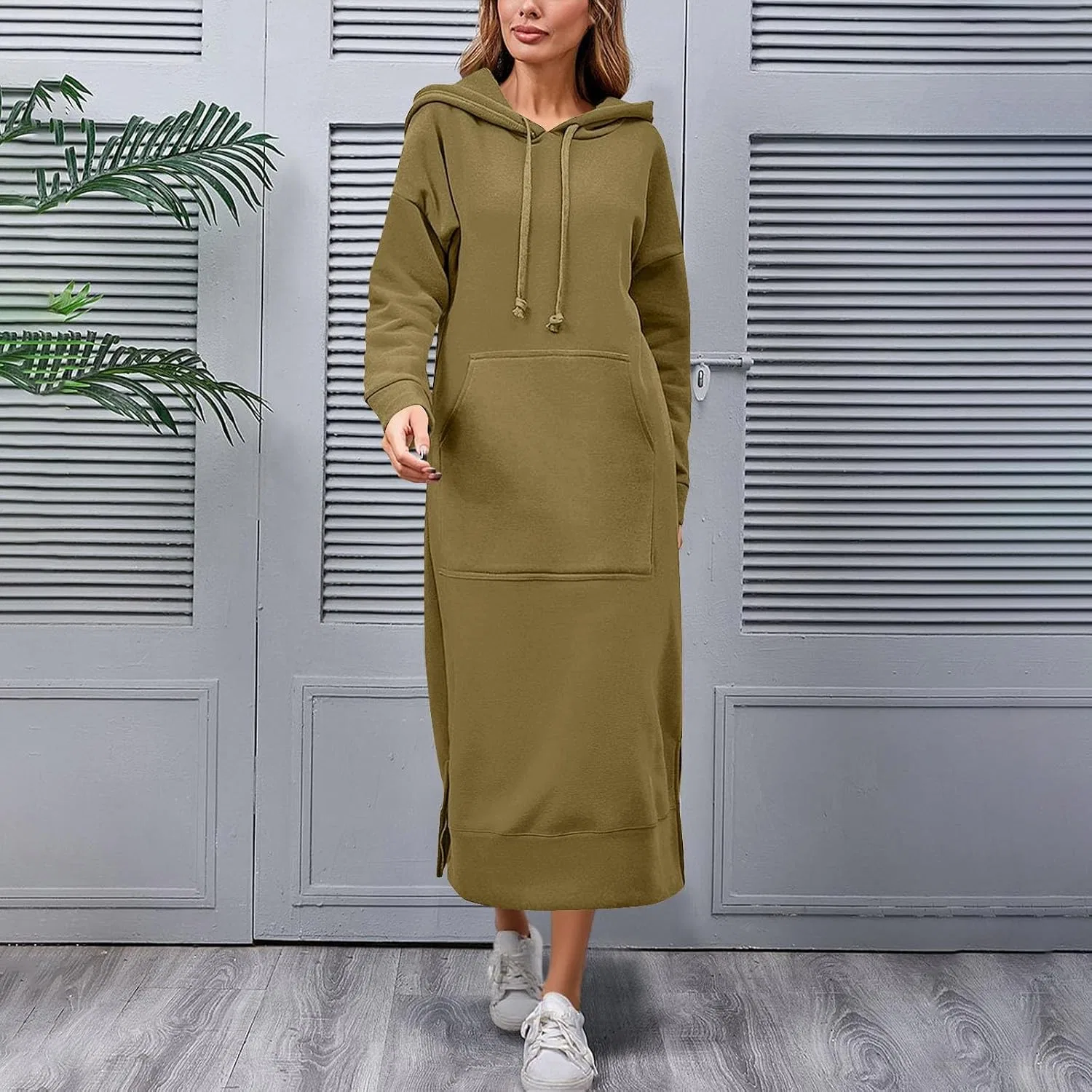 Женское худи-платье макси с капюшоном и завязками, Light Green — фото 3