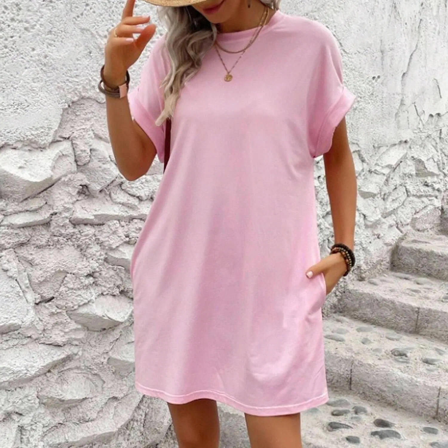 Женское свободное платье-футболка с карманами, Pink — фото 2