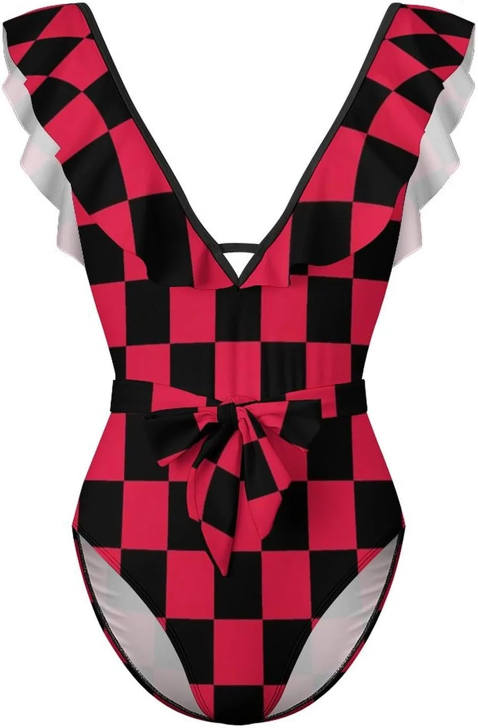 Женский цельнокроеный купальник с змеиным принтом, Red Black Checkered — фото 4