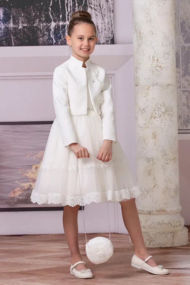Детское платье из тюля с длинным рукавом Süslü Pink Kids, White — фото 4