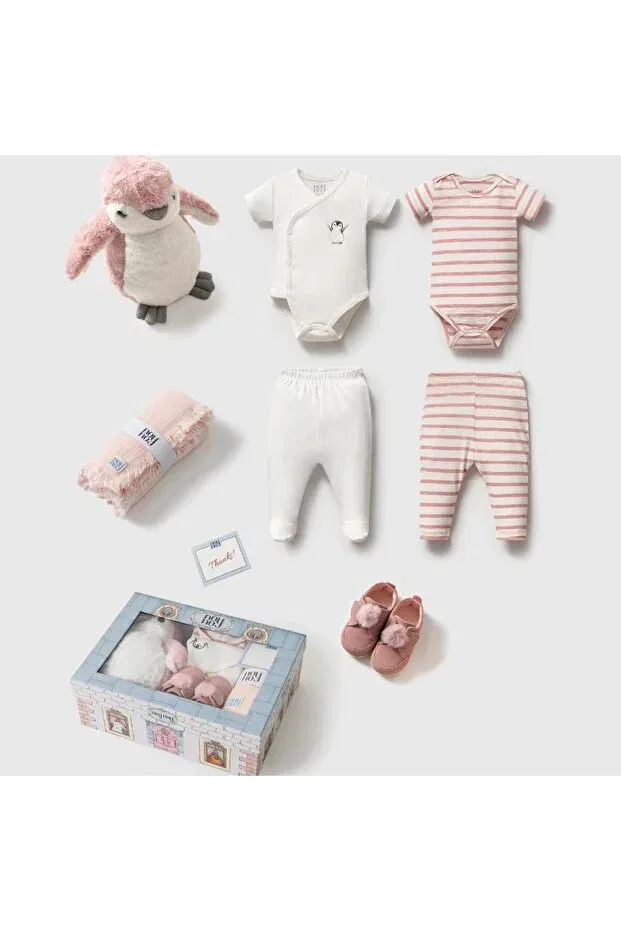 Детский комплект для новорожденных из 7 предметов с игрушками Noy Noy, White/Pink (With Penguins)