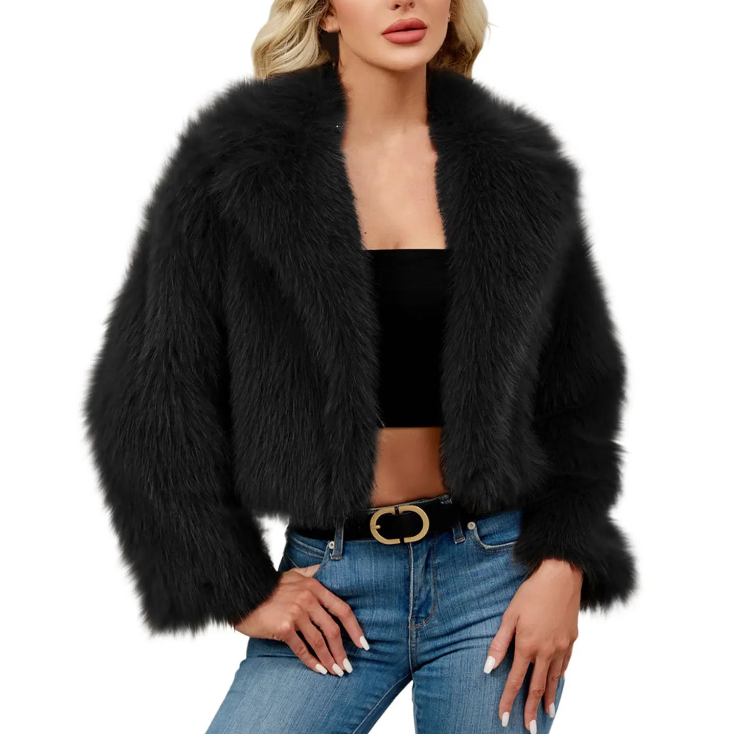 Женское пальто из искусственного меха с длинным рукавом, укороченное, C Black