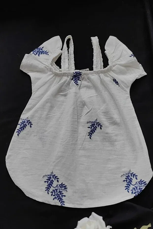 Детские шорты для девочек джинсовые с вышивкой Palm tree embroidered elastic waist Runkli Adams, Blue — фото 2