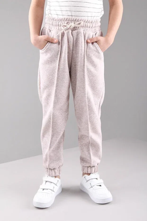 Детские спортивные штаны с эластичным поясом Comfortable unisex children's sweatpants with elastic waistband, fleece inside and pockets Perendi, Beige — фото 4