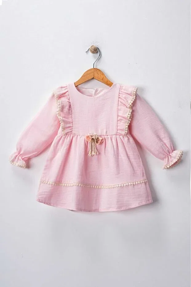 Детское платье для девочек хлопковое с брошью и кружевом Pio Kids, Pink