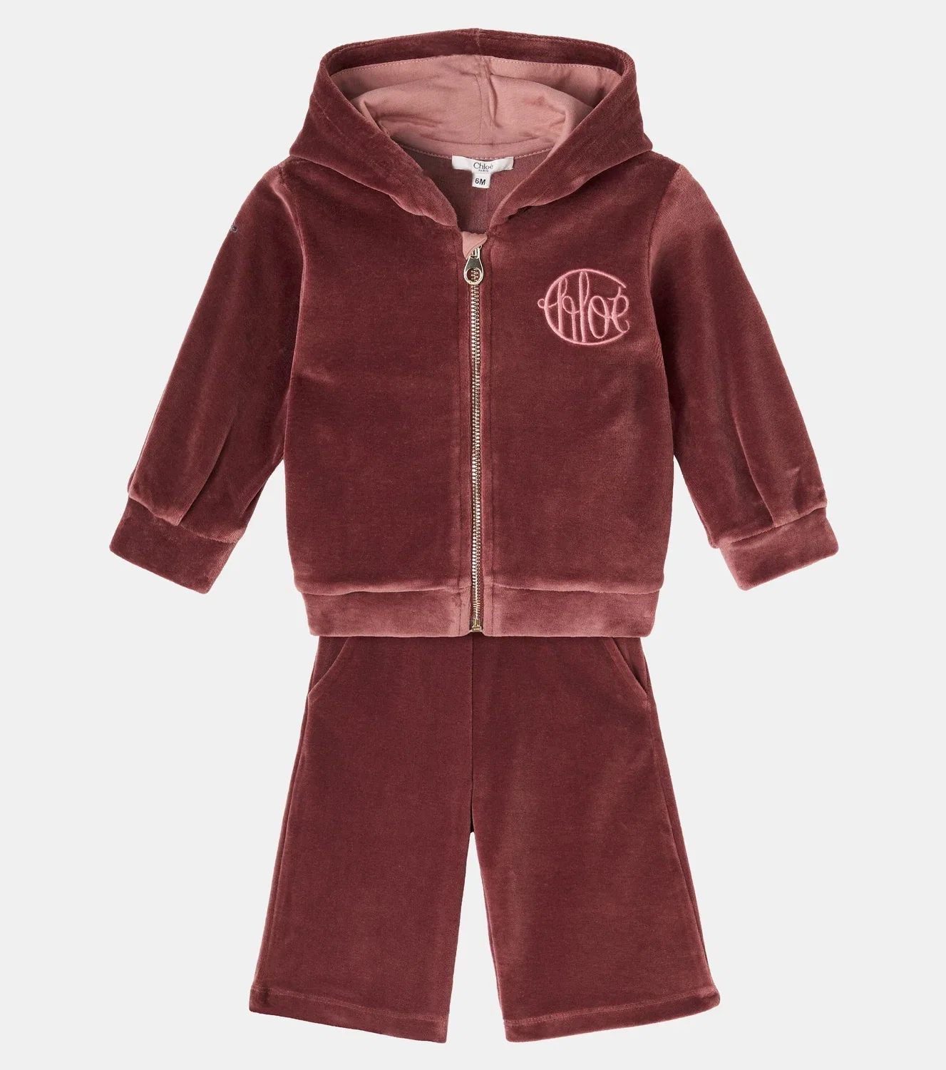 Комплект из хлопкового велюра с капюшоном Chloé Kids, бордовый — фото 2