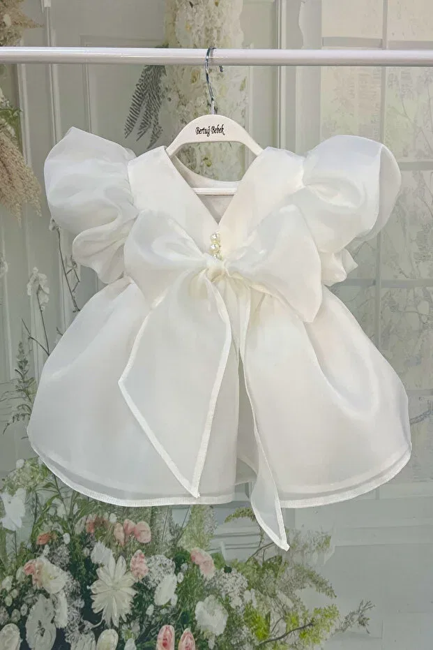 Детское платье для девочек с принтом Wedding Dress Balloon Sleeve Pearl Girl Child Baby Off White Evening Dress Bertuğ Bebek, Off-White
