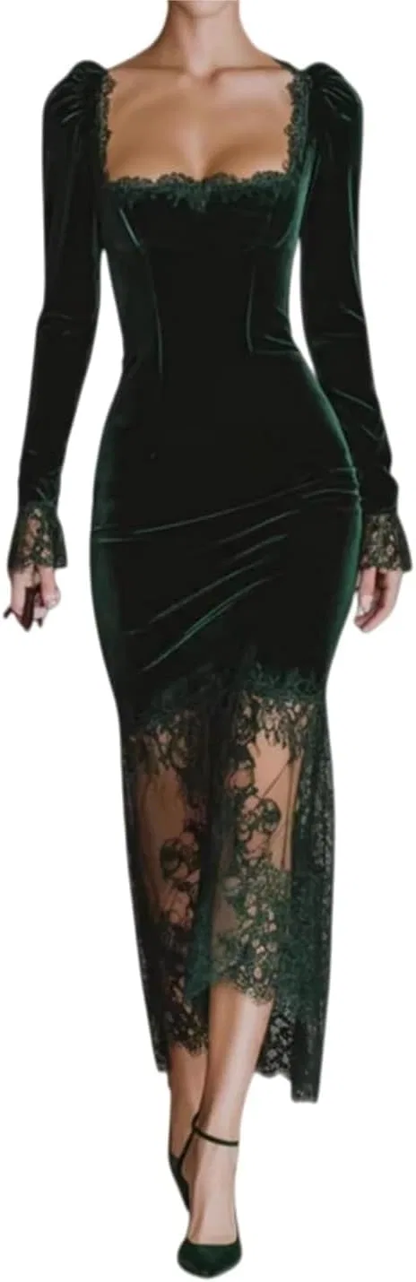 Женское бархатное платье с кружевной отделкой bodycon, Green