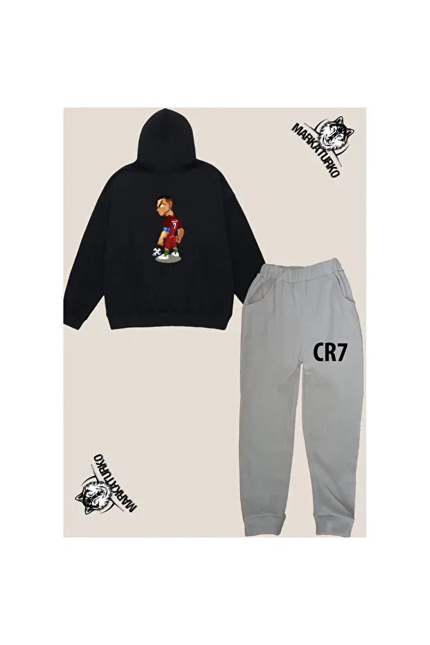 Детский спортивный костюм для девочек с принтом Ronaldo back printed unisex custom design cotton black-gray children's tracksuit suit 555-06 Markaturko, Black-Gray