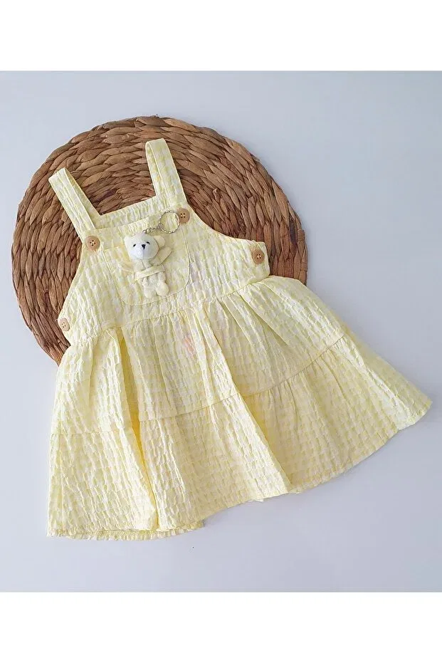 Детское платье для девочек с принтом Teddy Bear Detailed Muslin Baby Tuffy, Sarı