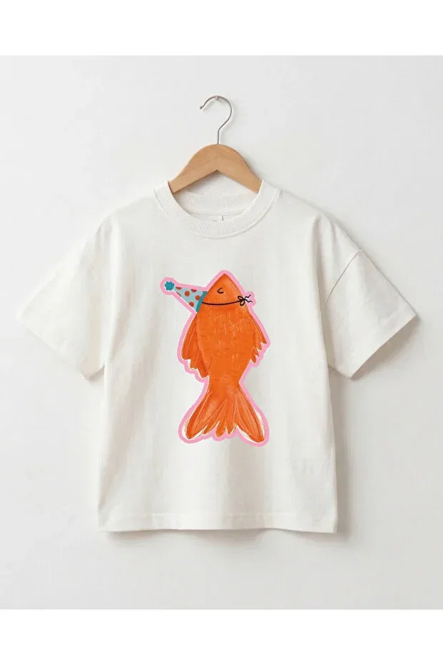 Детская футболка оверсайз с принтом Cute fish printed unisex oversize t-shirt Babytex, Ecru