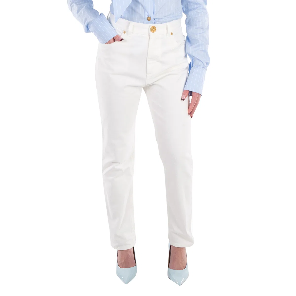 Джинсы с высокой посадкой и зауженным кроем High Waist Slim Fit Jeans Balmain, White