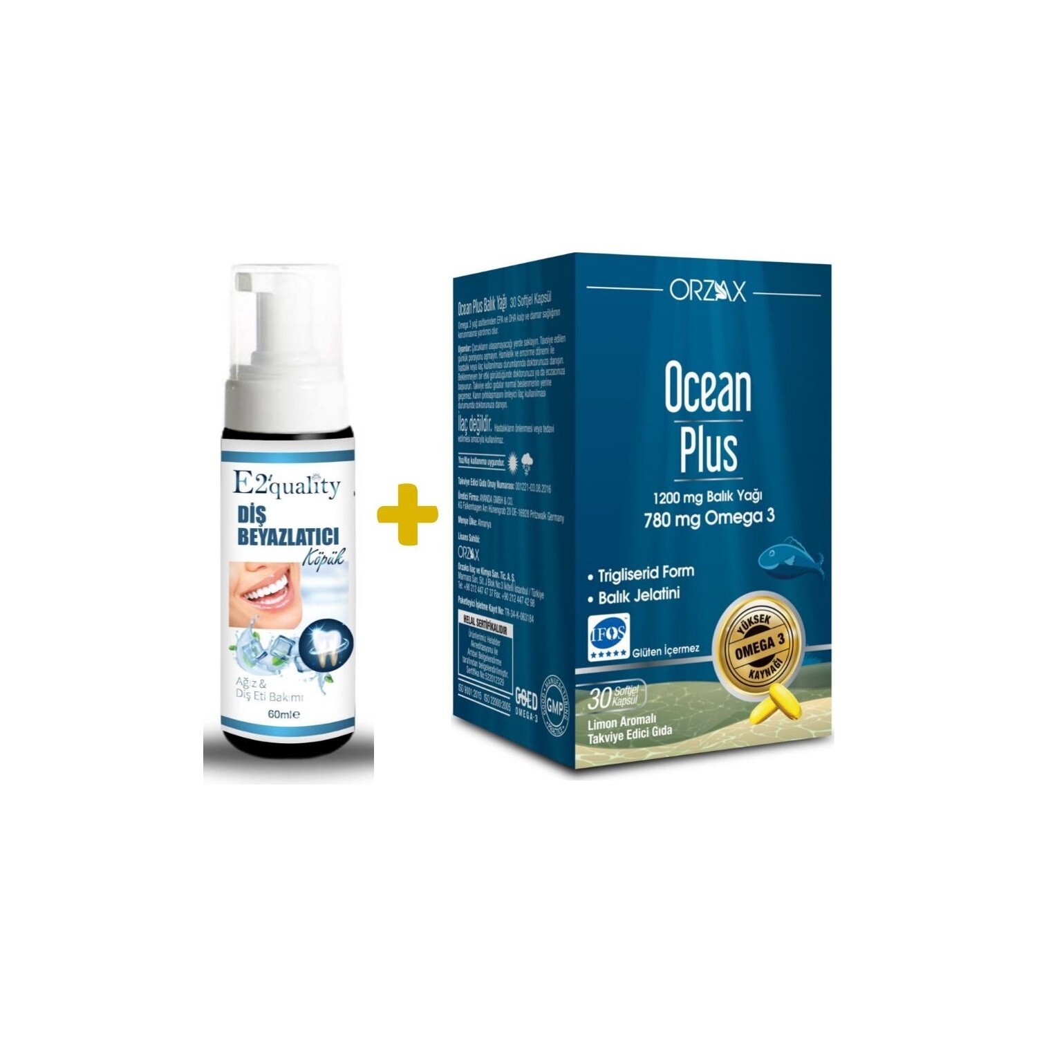 

Отбеливающая пена для зубов Orzax E2' Quality + Добавка Orzax Ocean Plus, 30 капсул