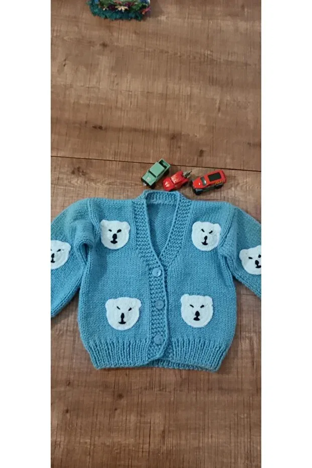 Детский кардиган для мальчиков с принтом Hand knitted boy's cardigan with bear El Örgüsü Cici Bebe, Light Blue — фото 2