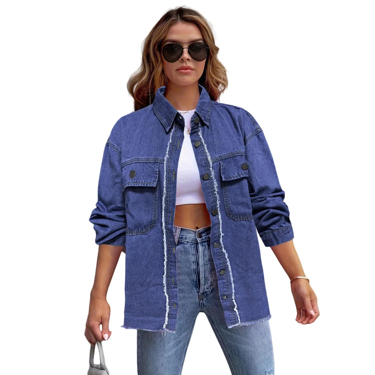 Женская джинсовая куртка свободного кроя с отворотами, модель Street Wash, Blu