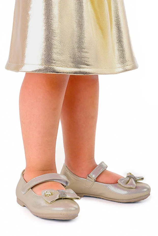 Детские балетки для девочек с бантом Vakko Ege 201 Kiko Kids, Gold — фото 3