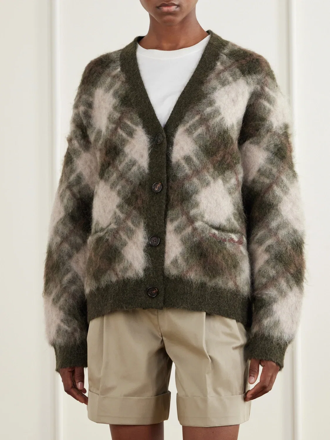 Кардиган из смесовой мохеровой шерсти с интарсией Katch Acne Studios, бежевый — фото 3