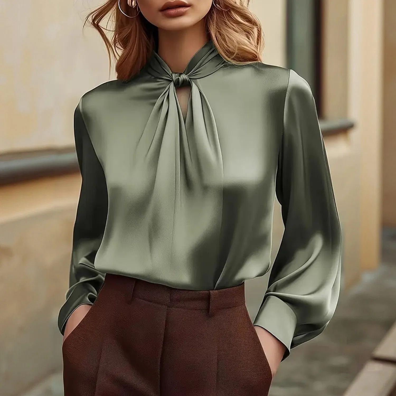 Женская блузка с длинным рукавом и бантом Elegant Work Shirt, Satin 06-green — фото 2