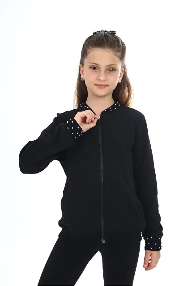 Детский кардиган для девочек с принтом Black Girls' College Collar Zippered Pocket Beaded Knitted Cardigan - 2 Thread Toontoy, Black — фото 2