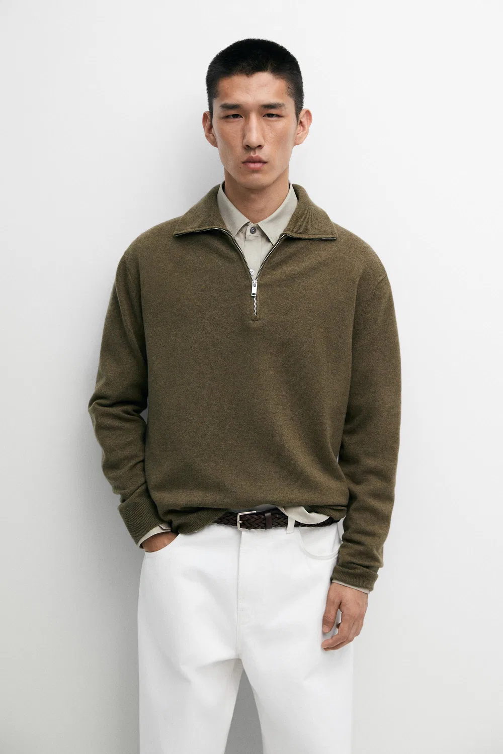 Свитер Massimo Dutti Mock Neck Zip-Up Knit, темно-зеленый