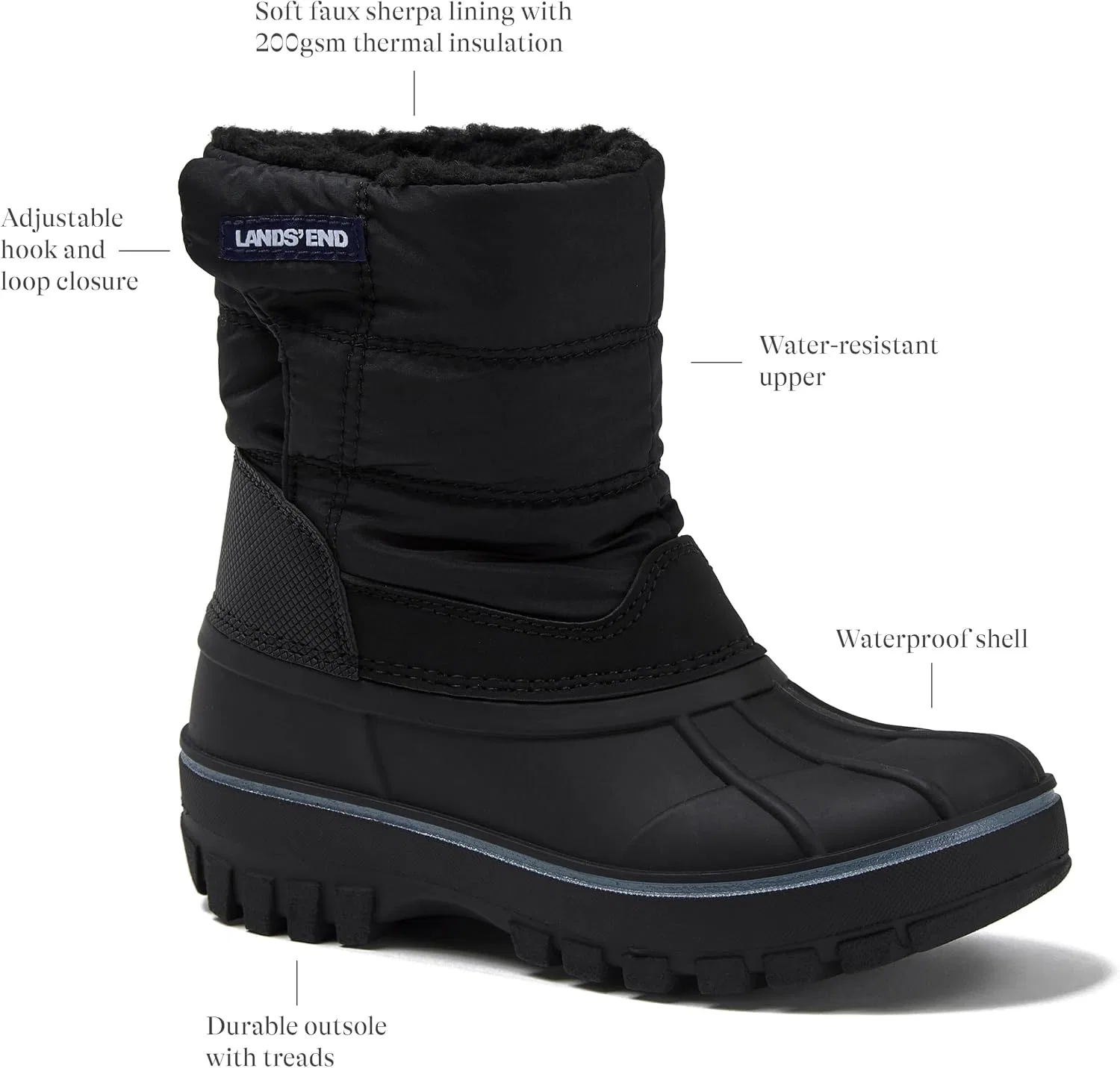 Детские зимние сапоги для девочек и мальчиков Flurry Waterproof Fleece Lands' End, Black — фото 3