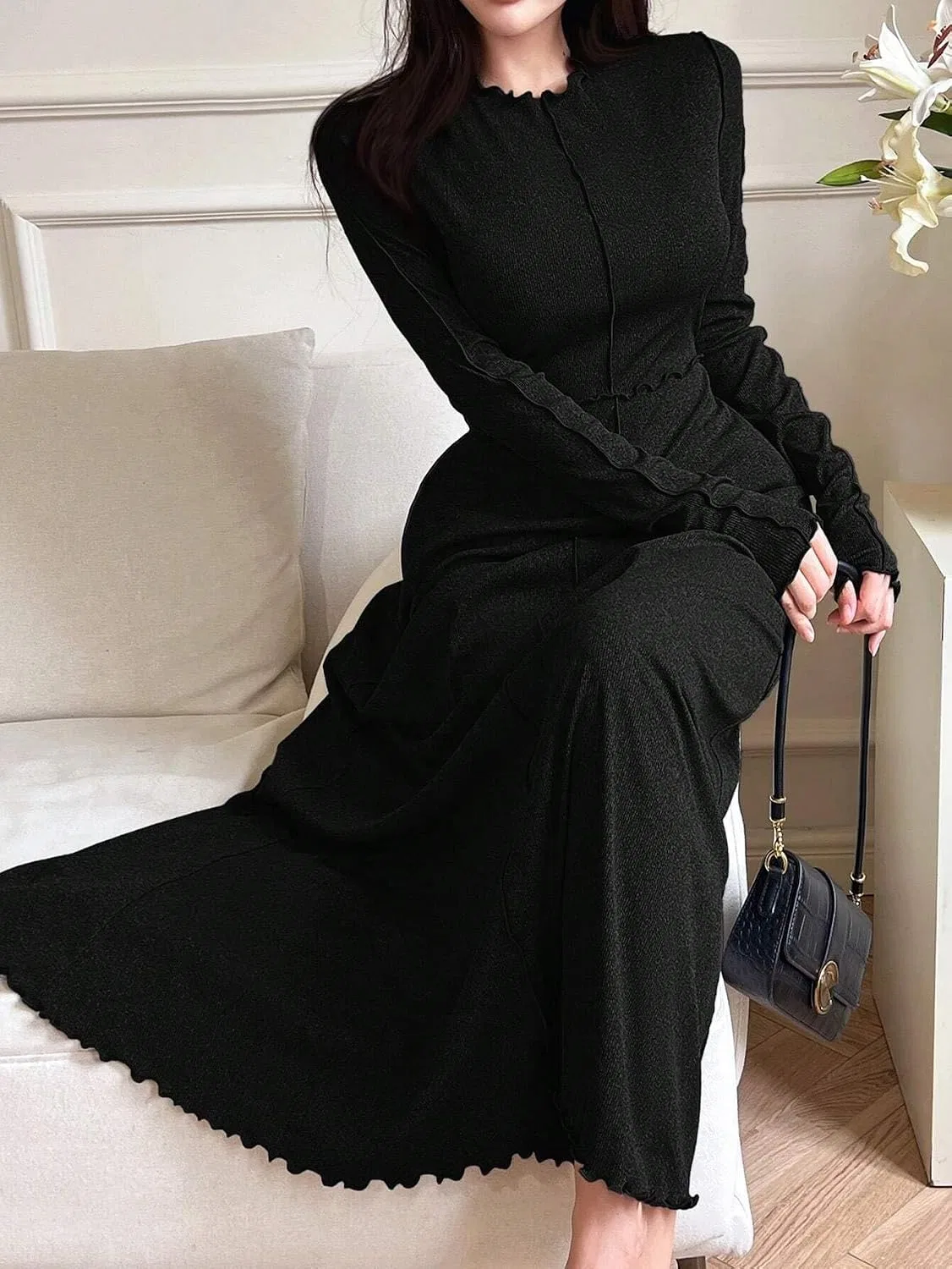 Женское длинное платье А-силуэта с круглым вырезом, Black — фото 4