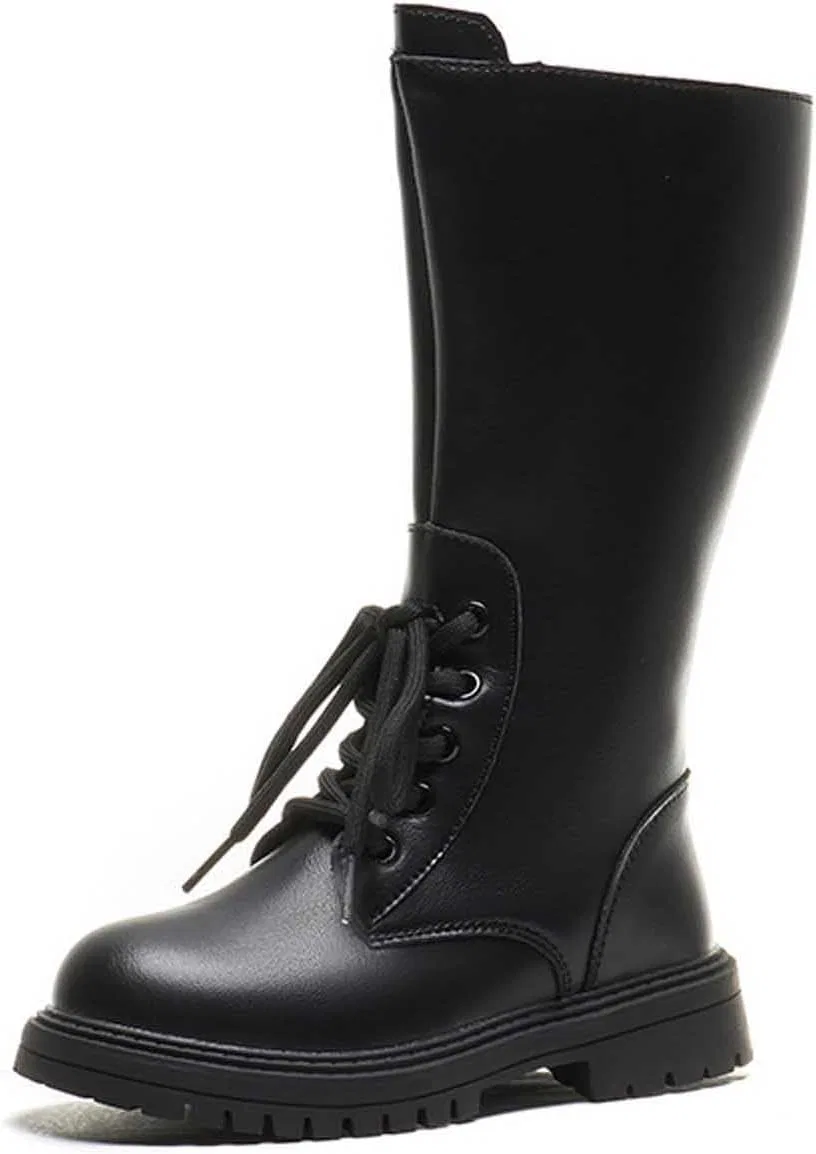 Детские ботинки для девочек с принтом, модель Girls Knee Length Boots Mid Calf Riding Boots PU Leather Zipper Punk Goth Boot Fall Winter Bowknot Combat Boot Little Big Kid, Black