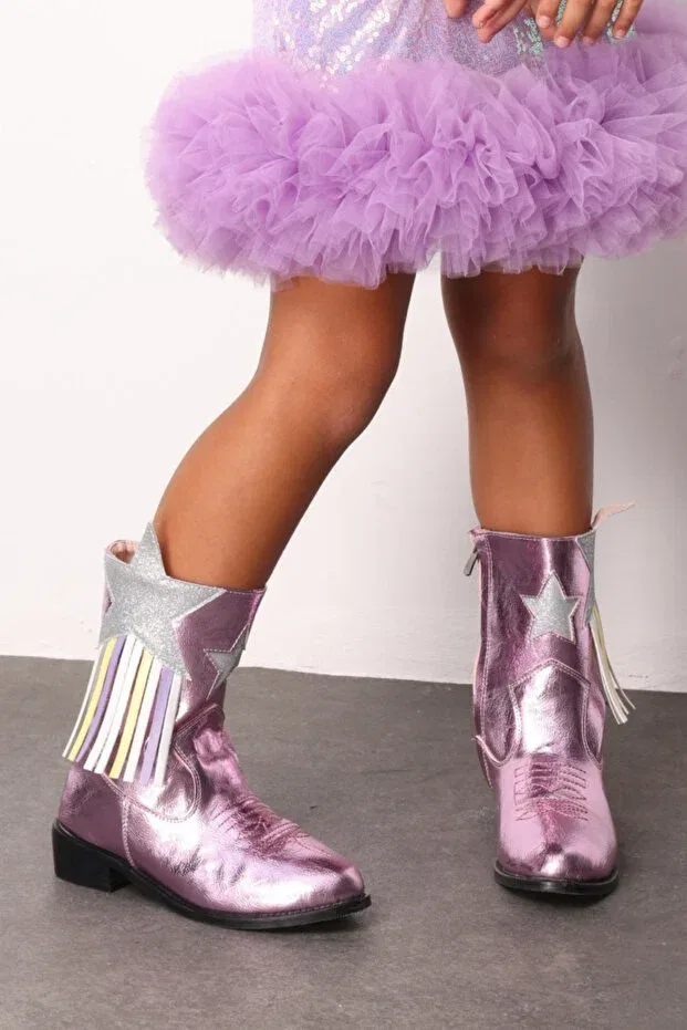 Детские ботинки для девочек с принтом Pink Star And Tassel Detailed Girls' Cowboy Boots Generic Brands, Pink — фото 4