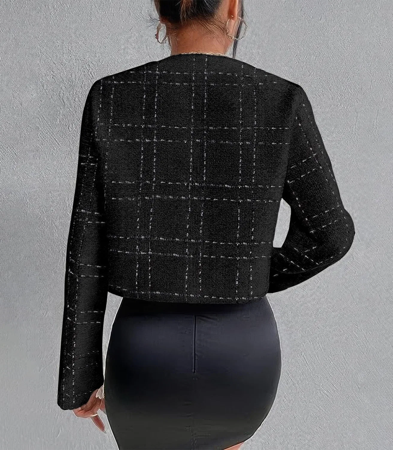 Женский твидовый пиджак без воротника с принтом Glitter Jacket, Nero — фото 4