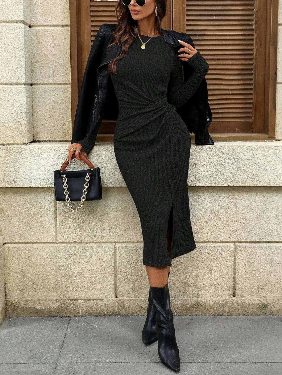 Женское повседневное платье миди с длинным рукавом, Black — фото 4