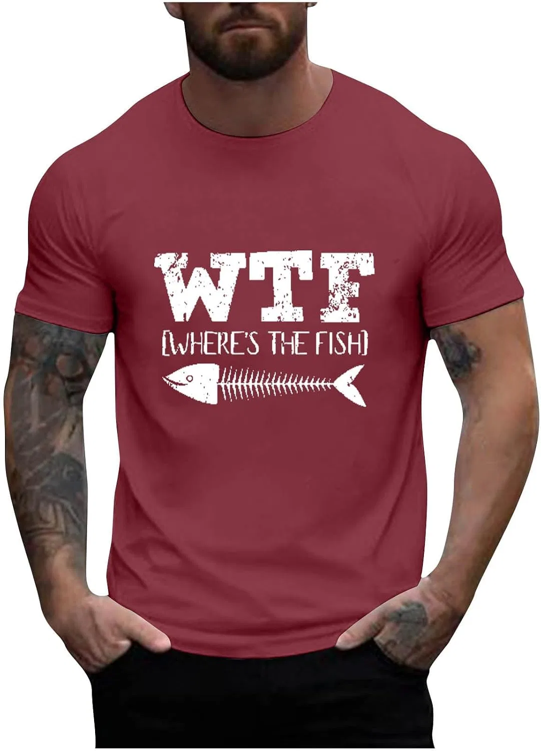 Мужская футболка с принтом WTF Where's The Fish, хлопковая, арбузно-красный