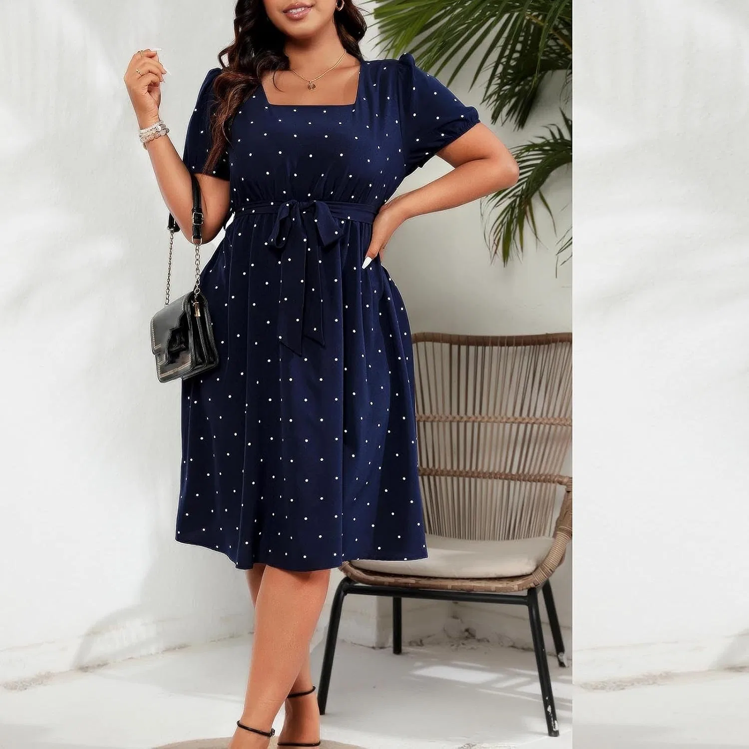 Женское платье миди с квадратным вырезом и поясом Plus Size, Dark Blue — фото 2