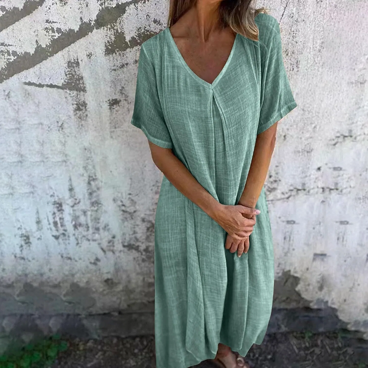 Женское летнее платье с v-образным вырезом и коротким рукавом, Green — фото 2